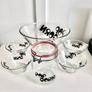 1970's Wheaton Glass Popcorn Bowl Set 6 Piece Black Letters MCM READ VTG